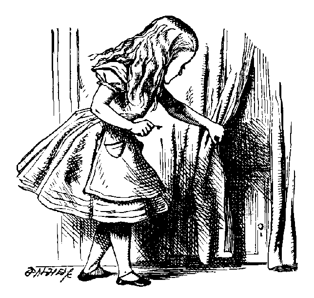 Alice finding tiny door behind curtain